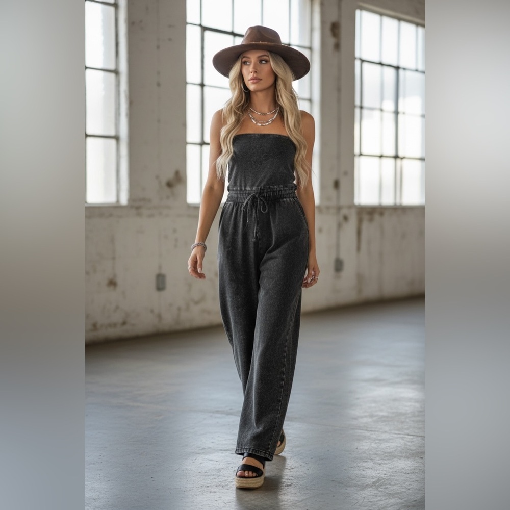 NWT Zenana Acid Washed Black Tube Top Strapless Jumpsuit Jumper - Picture 4 of 5
